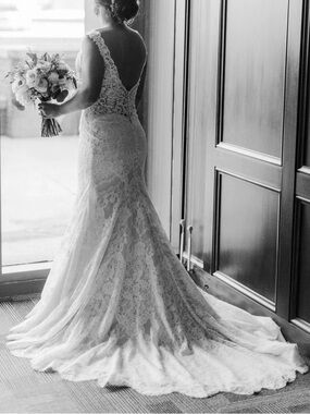 Allure Wedding Dress Cream Mermaid sequins in bodice layers lace tulle train 4/6
